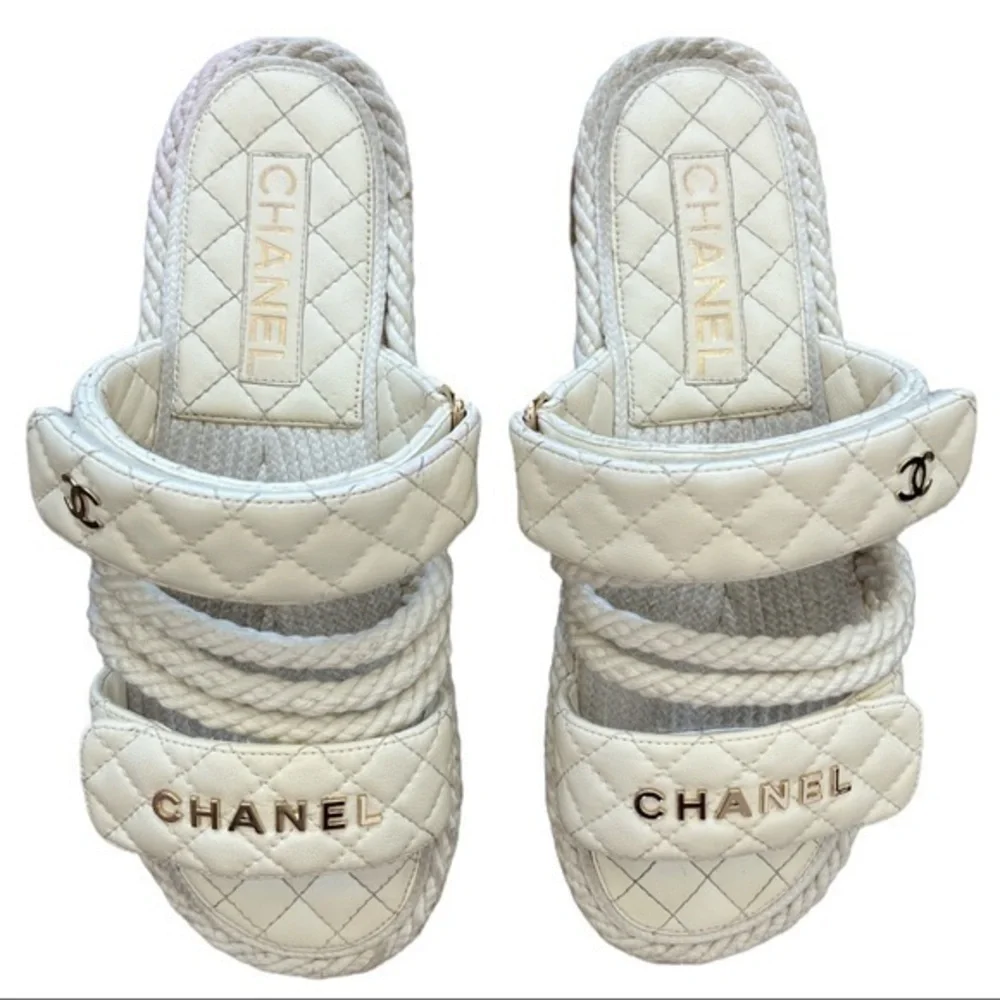 Chanel 21S Dad Ivory White Cord Rope CC Quilted Slide Strap Sandals Size 38